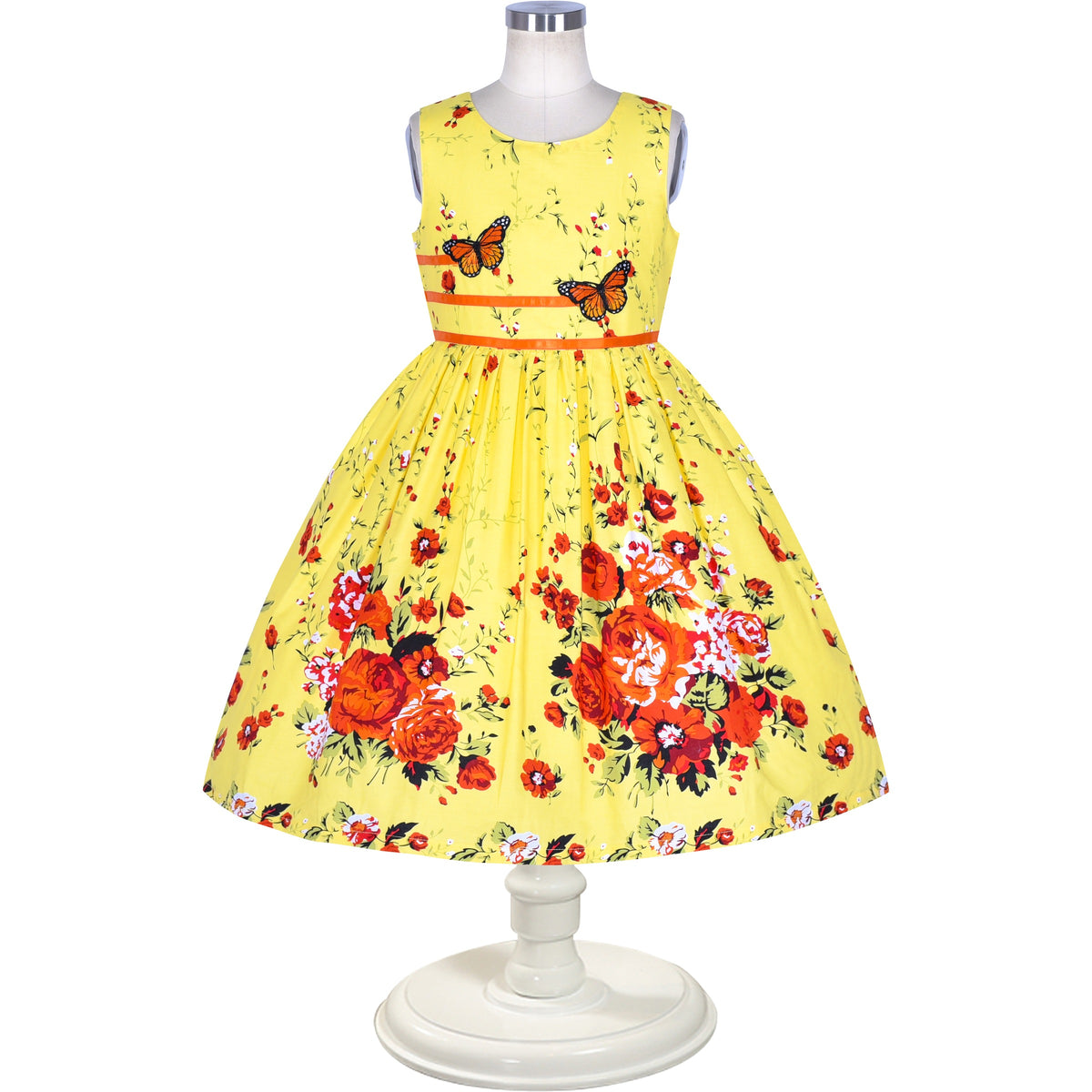 Girls Dress Brown Butterfly Double Bow Tie Party Kids Sundress - Yellow Flower Butterfly