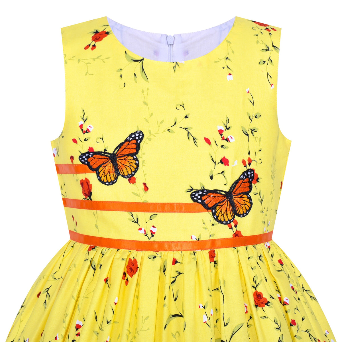 Girls Dress Brown Butterfly Double Bow Tie Party Kids Sundress - Yellow Flower Butterfly