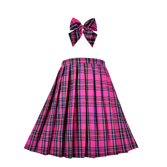 Girls Skirt Kids School Uniform Set Red Tartan Pleated Hem Skirt Pink