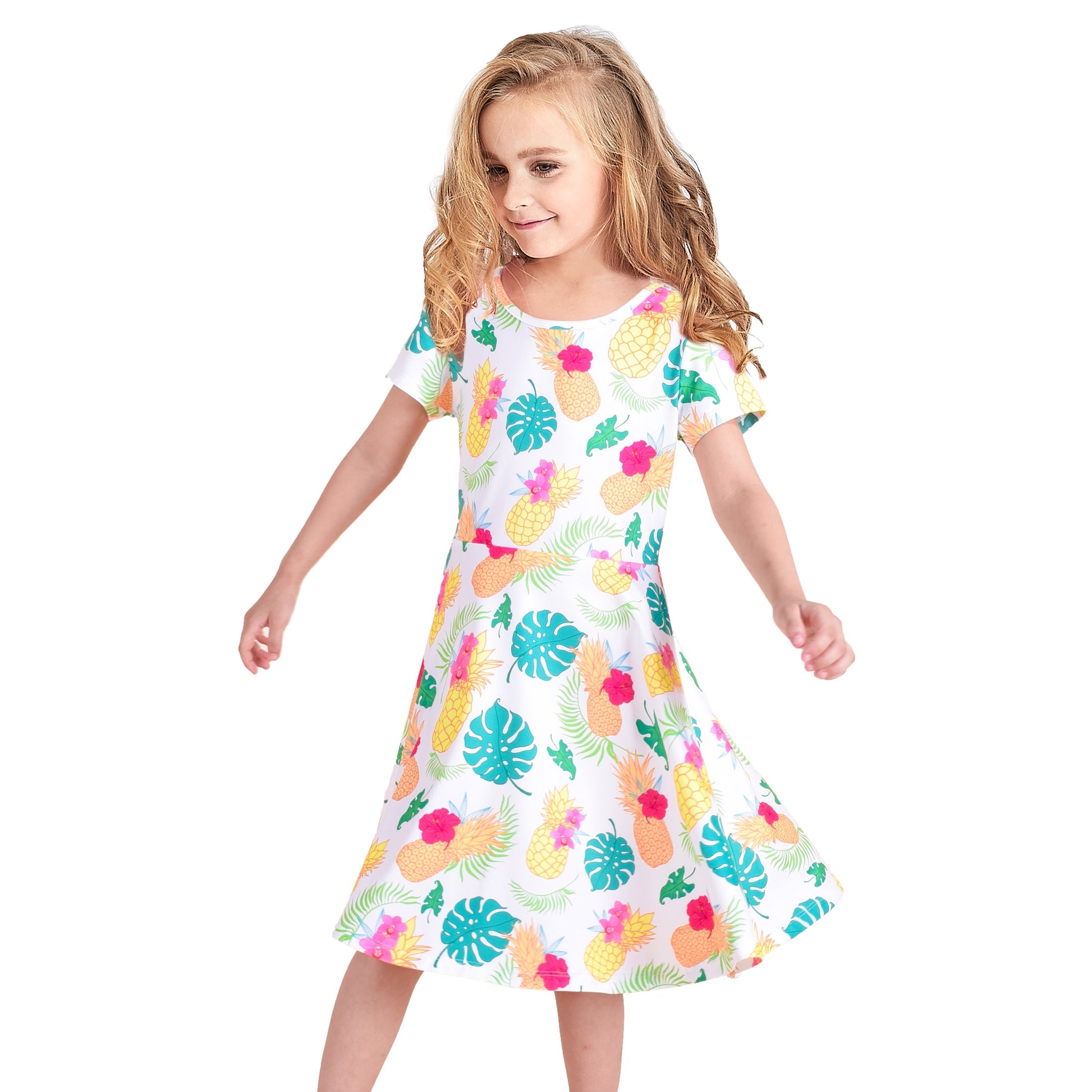 Girls Dress Blue Unicorn Short Sleeve Casual Dress Multi-Color