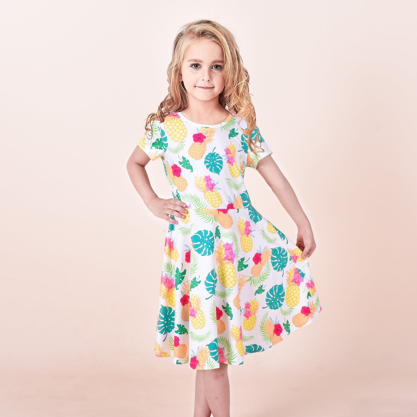 Girls Dress Blue Unicorn Short Sleeve Casual Dress Multi-Color