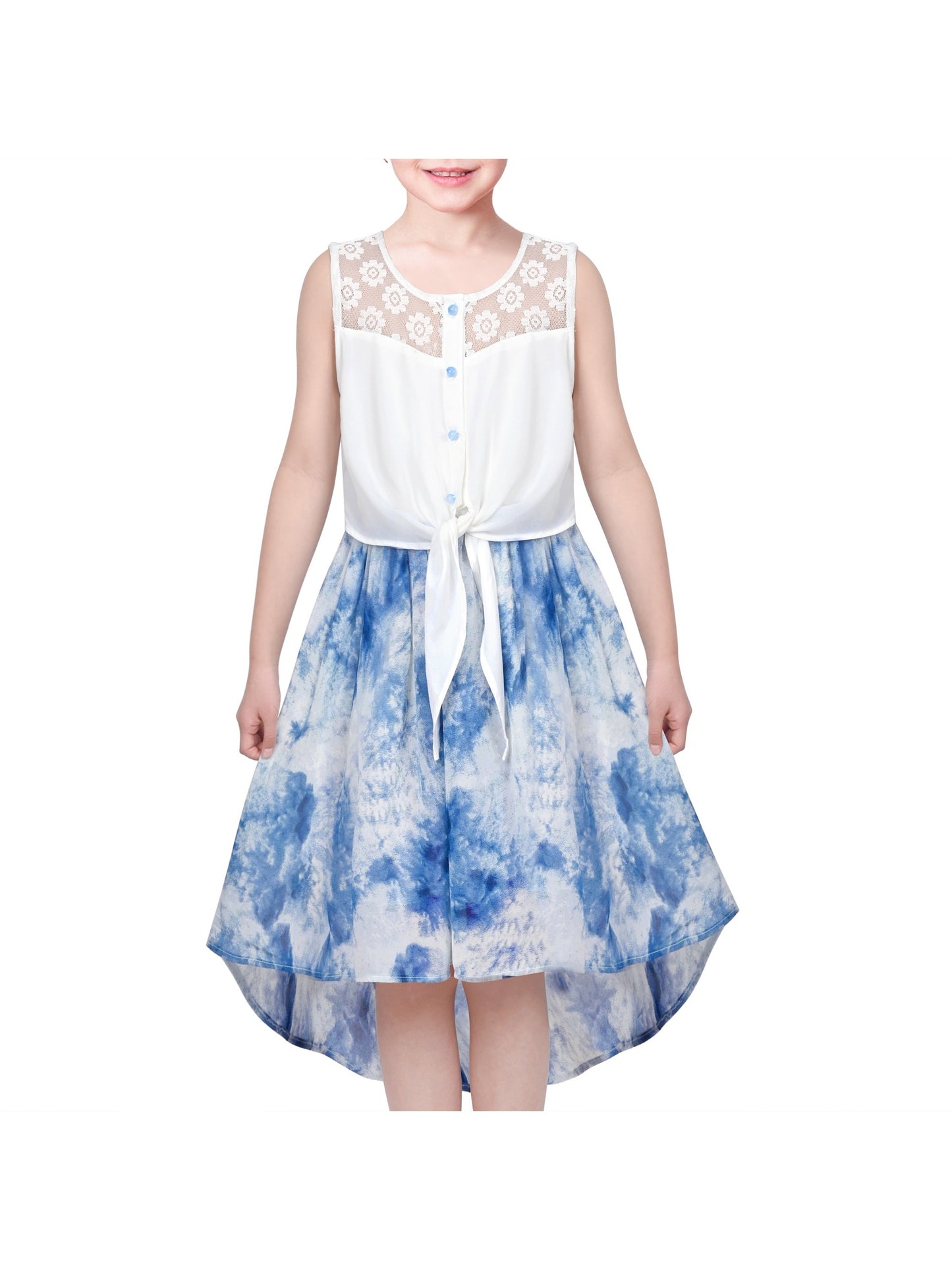 Girls Dress Lace to Chiffon Striped Black White Tied Waist Blue