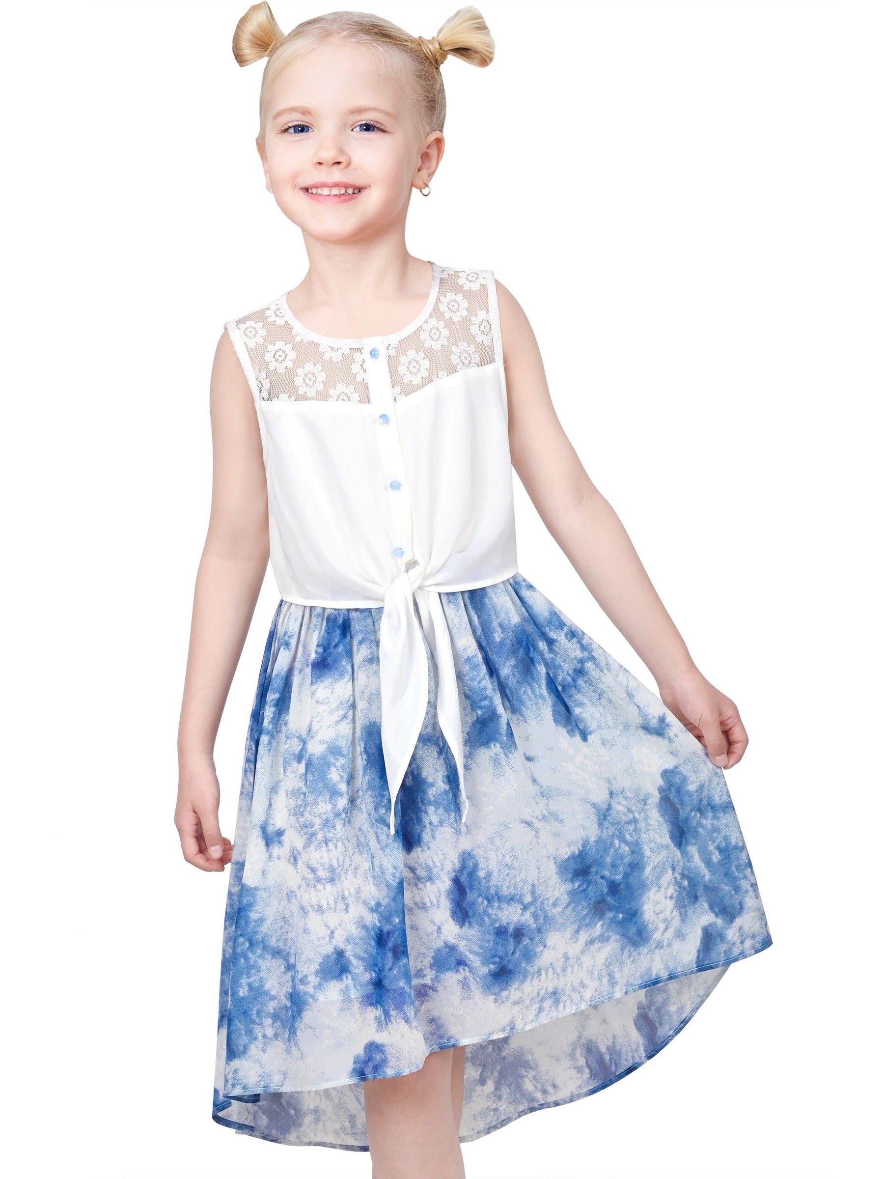 Girls Dress Lace to Chiffon Striped Black White Tied Waist Blue
