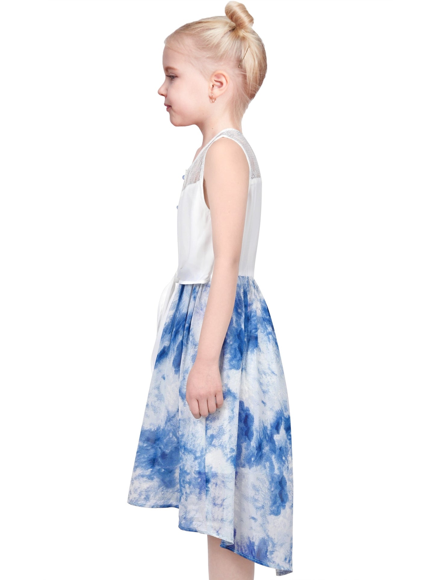 Girls Dress Lace to Chiffon Striped Black White Tied Waist Blue