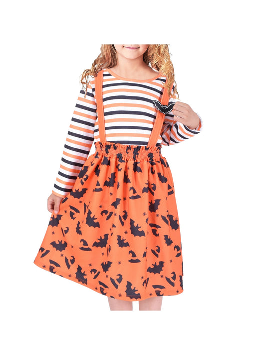 2 Pieces Set Girls Dress T-Shirt Suspender Skirt Halloween Cosplay Orange