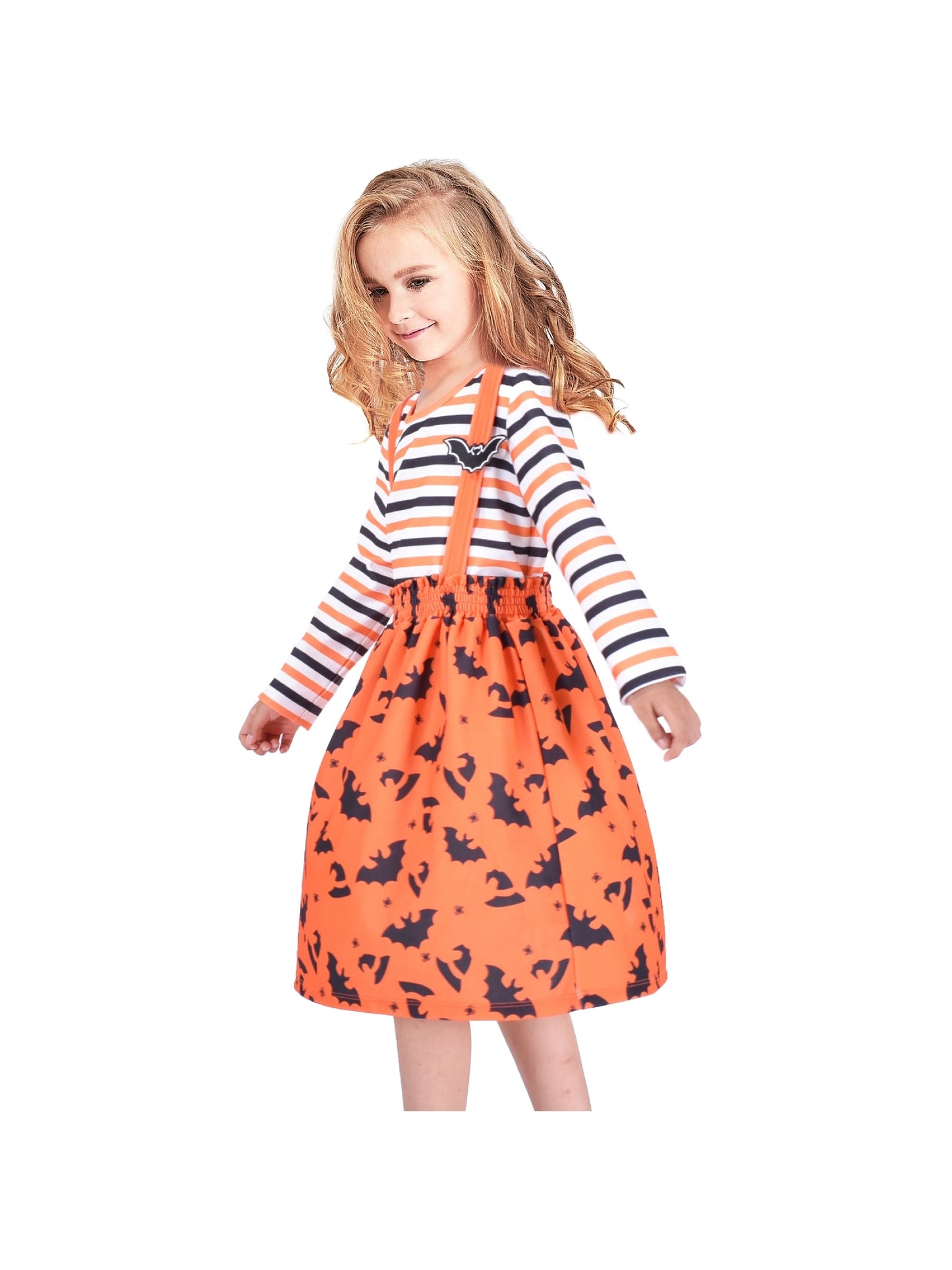 2 Pieces Set Girls Dress T-Shirt Suspender Skirt Halloween Cosplay Orange