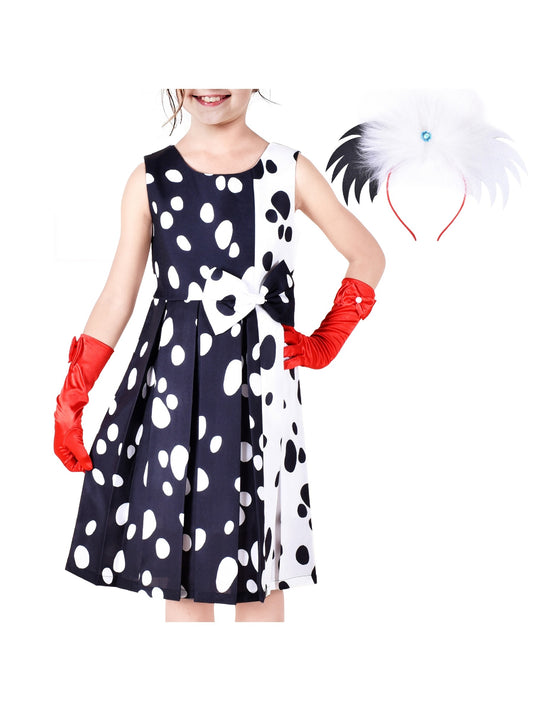Girls Dress Halloween Costume for Dalmatians Wig Headband Red Gloves Black