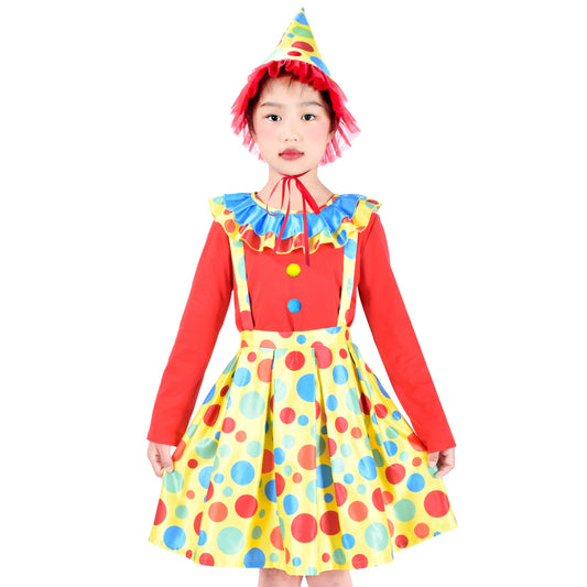 Girls Dress Set Clown Costume Hat Halloween Carnival Rose Monday Multi-Color