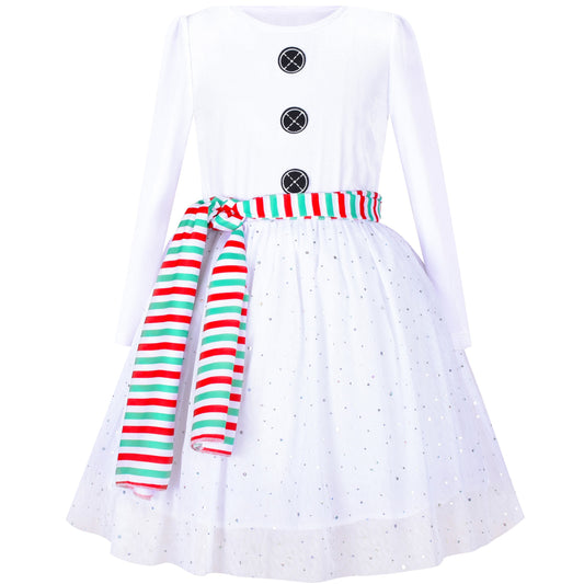 Girls Dress Long Sleeve Tutu Skirt Bow Tie Party White