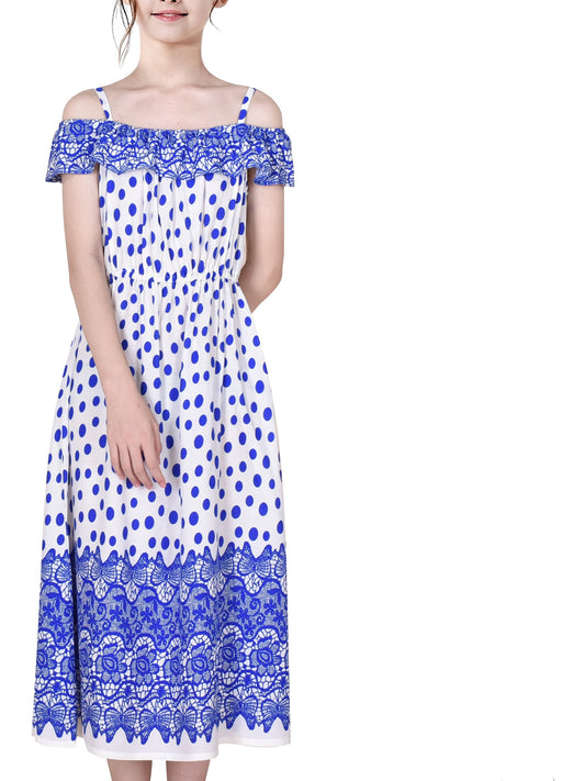 Girls Dress Cold Shoulder Hawaiian Coconut Tree Yellow Polynesia Blue