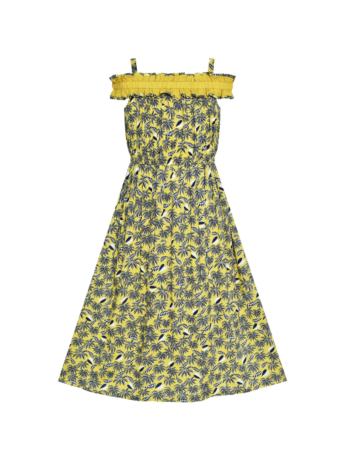 Girls Dress Cold Shoulder Hawaiian Coconut Tree Yellow Polynesia Yellow