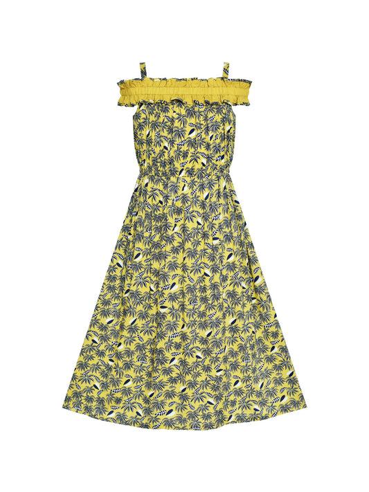 Girls Dress Cold Shoulder Hawaiian Coconut Tree Yellow Polynesia Yellow