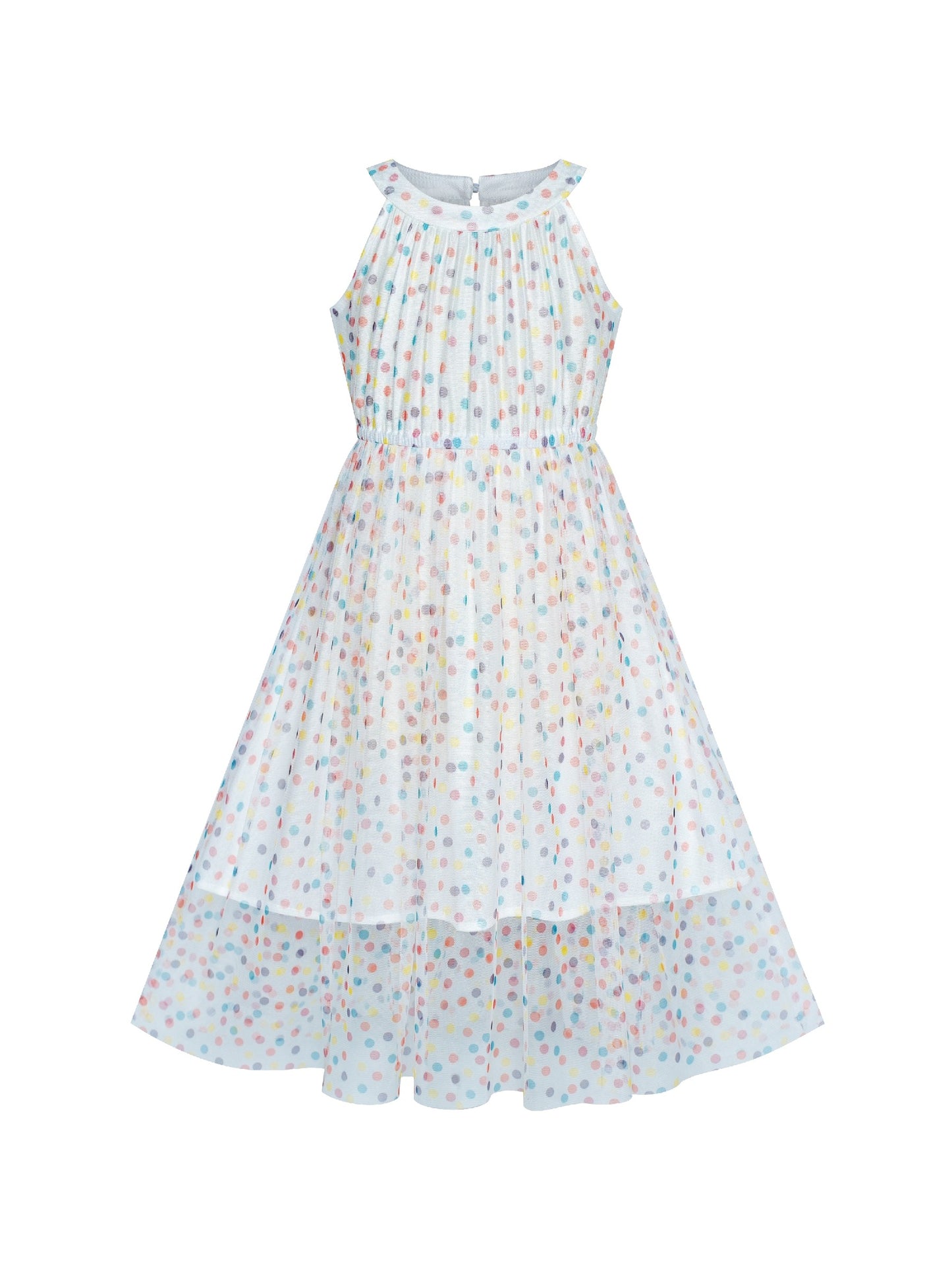 Girls Dress Colorful Dot Lace Halter Wedding Bridesmaid Gown White