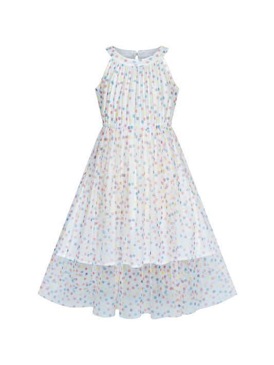 Girls Dress Colorful Dot Lace Halter Wedding Bridesmaid Gown White