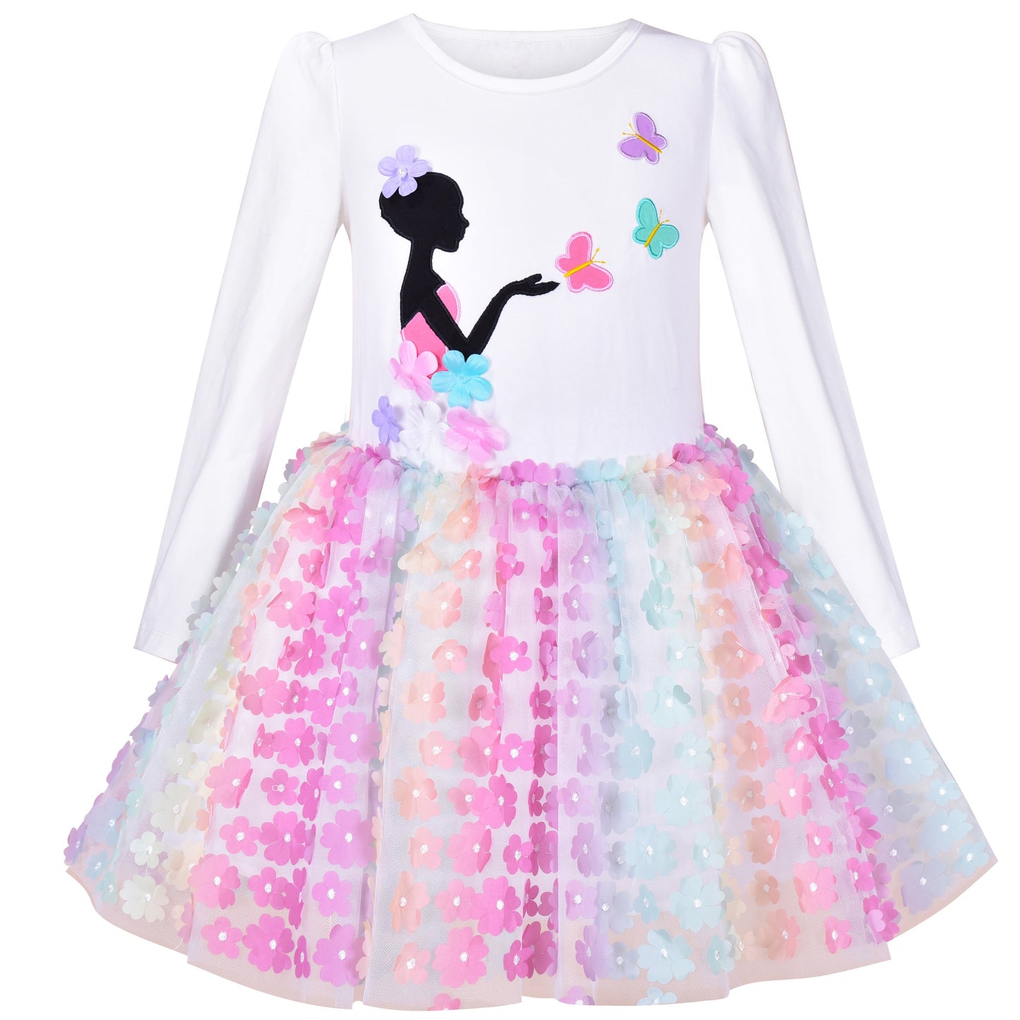 Girls Dress Rainbow Colorful Tulle Skirt Long Sleeve Holiday Party Multi-Color
