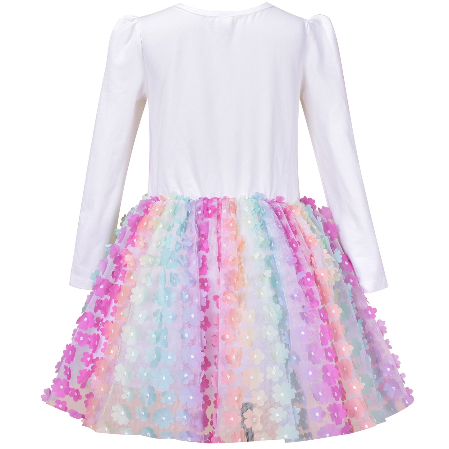 Girls Dress Rainbow Colorful Tulle Skirt Long Sleeve Holiday Party Multi-Color