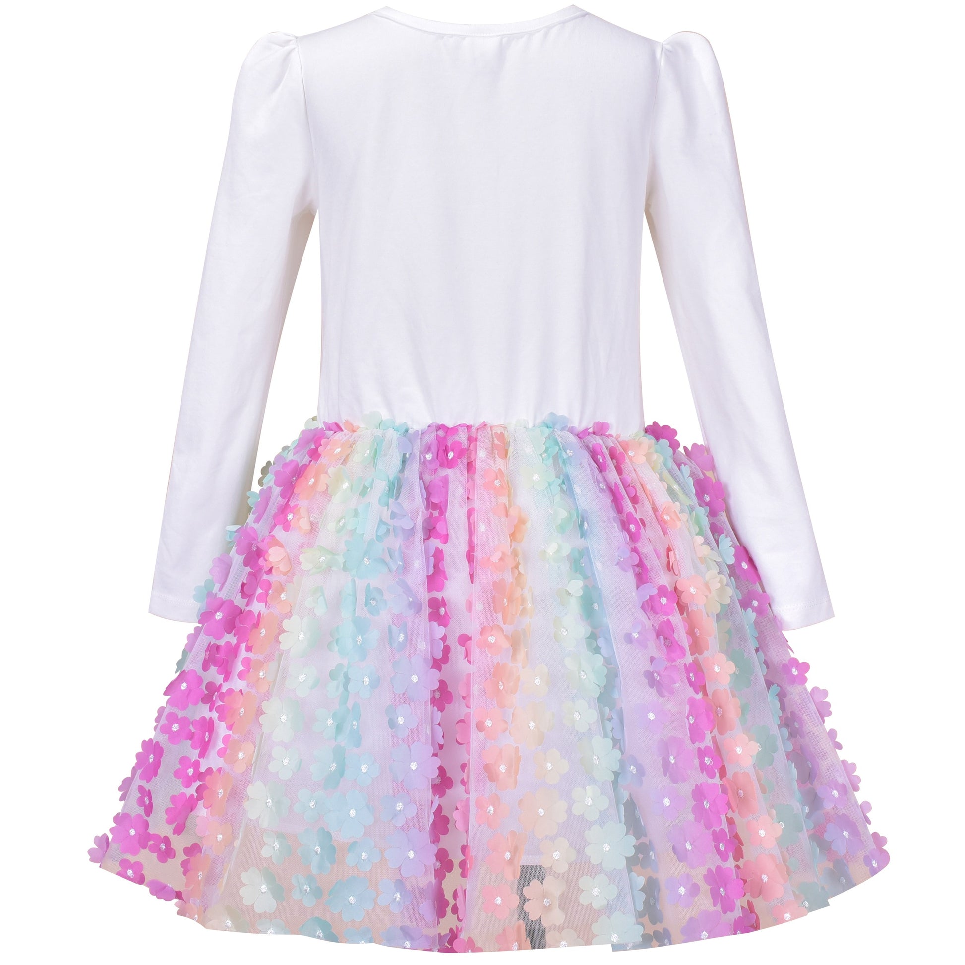 Girls Dress Rainbow Colorful Tulle Skirt Long Sleeve Holiday Party Multi-Color