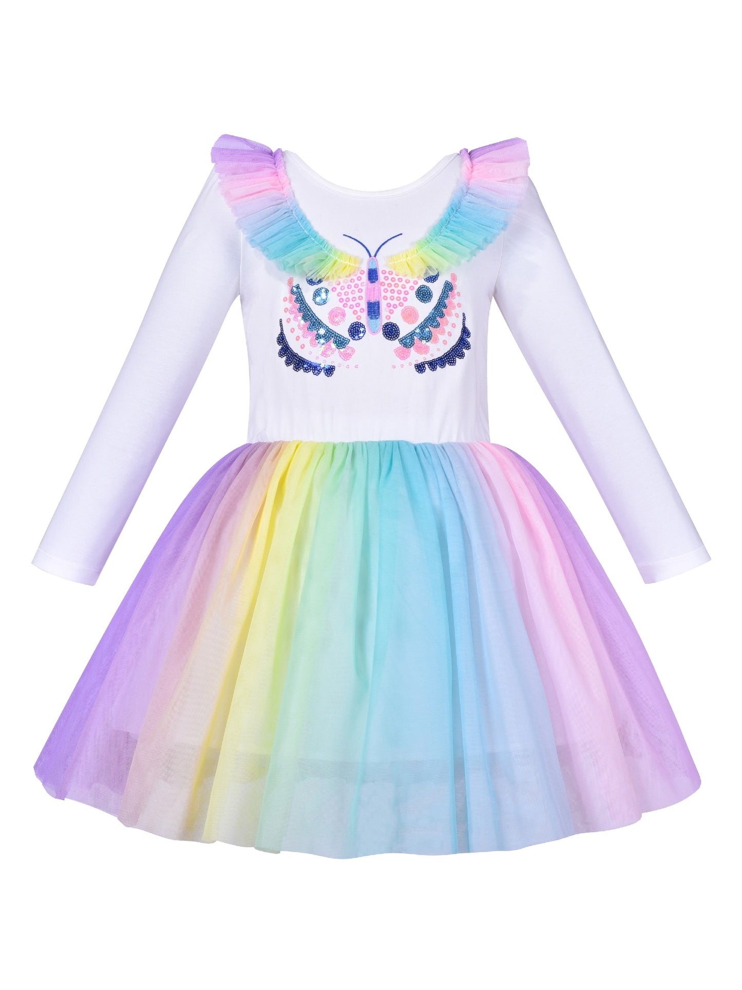 Girls Dress Rainbow Colorful Tulle Skirt Long Sleeve Holiday Party Multi-Color