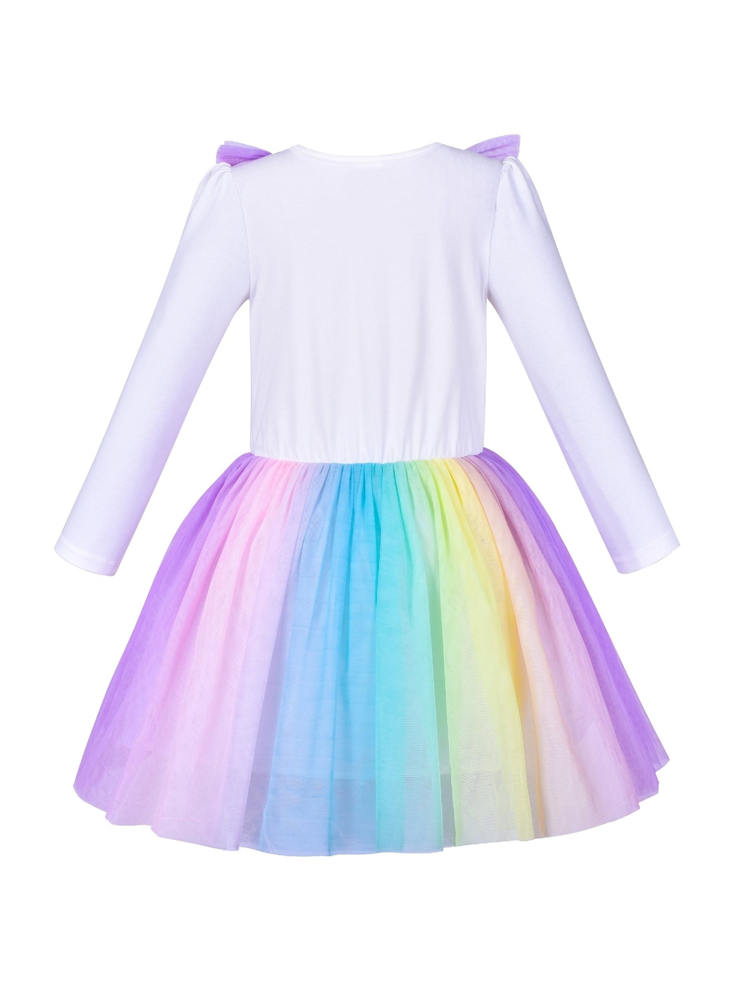 Girls Dress Rainbow Colorful Tulle Skirt Long Sleeve Holiday Party Multi-Color