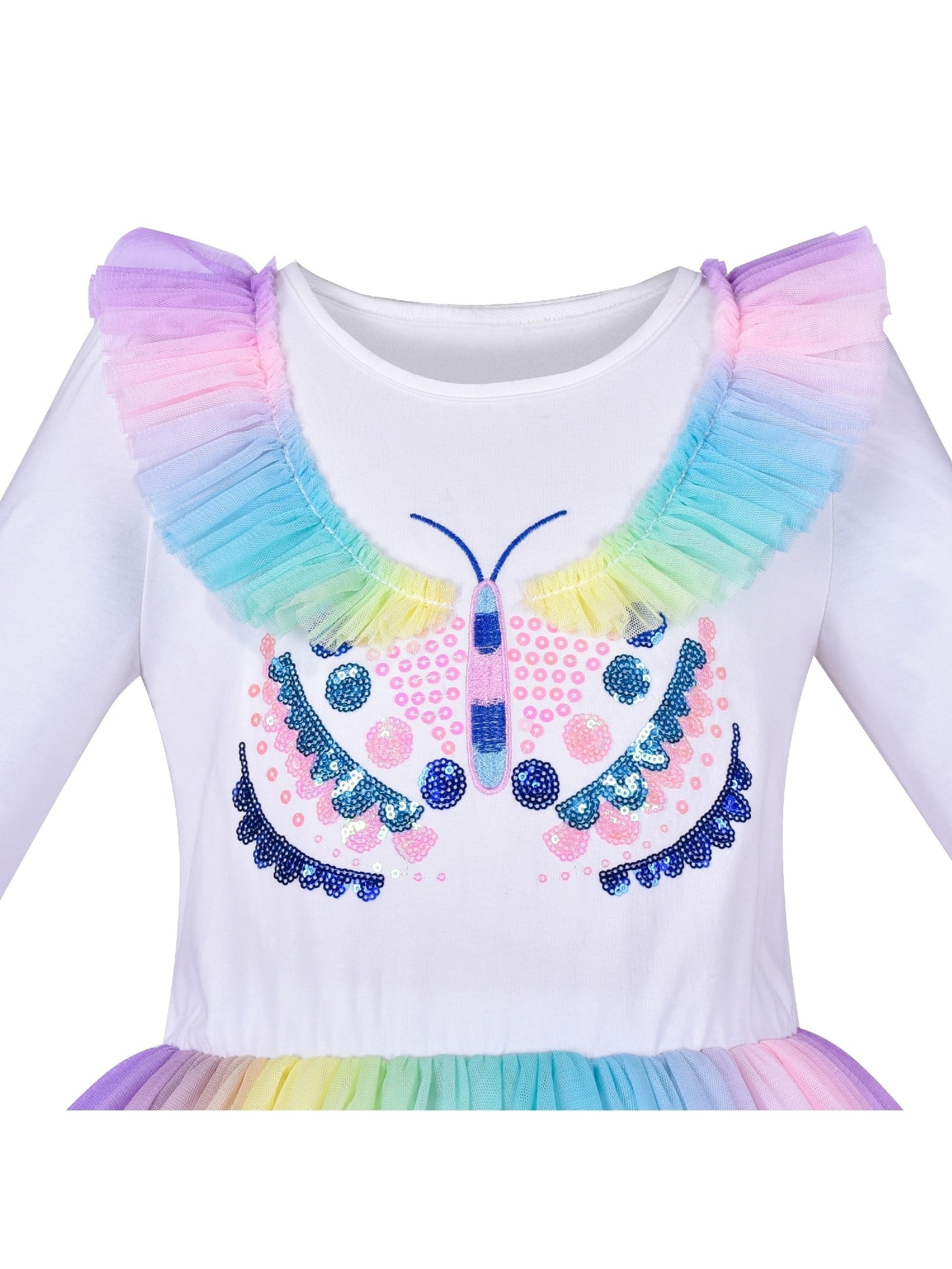 Girls Dress Rainbow Colorful Tulle Skirt Long Sleeve Holiday Party Multi-Color