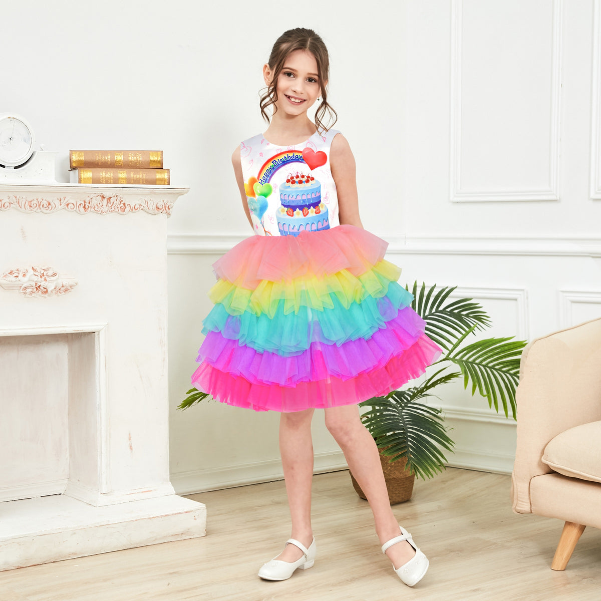Girls Dress Colorful Glitter Sequin Ruffle Dress Princess Pageant - Rainbow Heart
