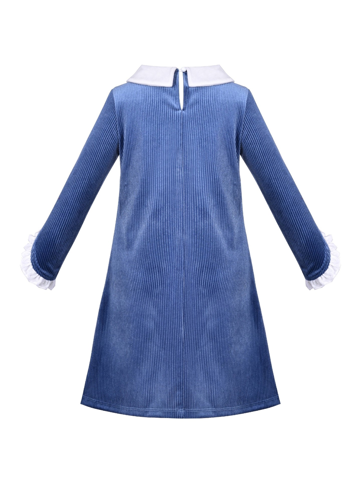 Girls Dress White Collar Velvet Ruffle Sleeve School Uniform Long Sleeve Blue