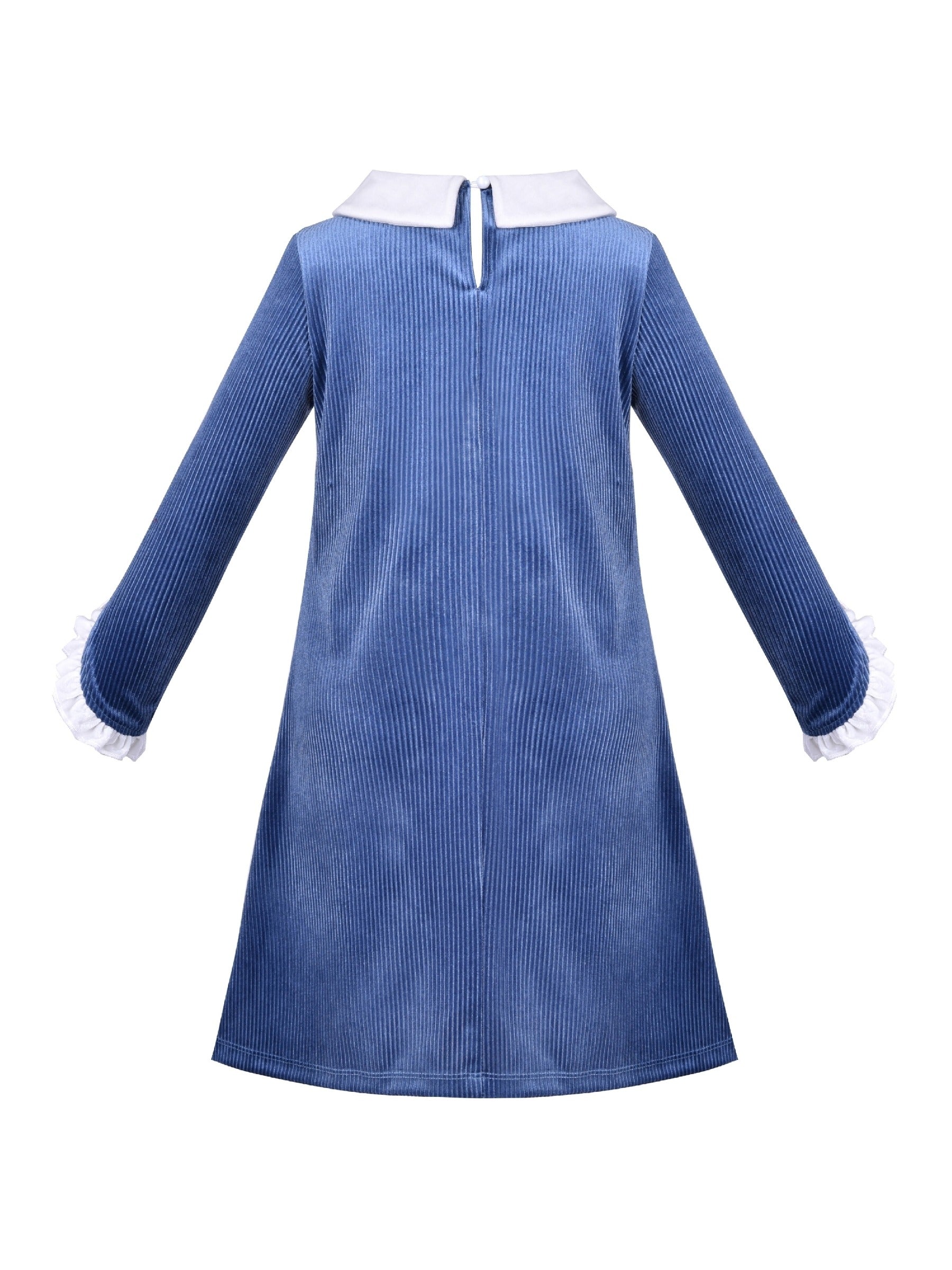 Girls Dress White Collar Velvet Ruffle Sleeve School Uniform Long Sleeve Blue