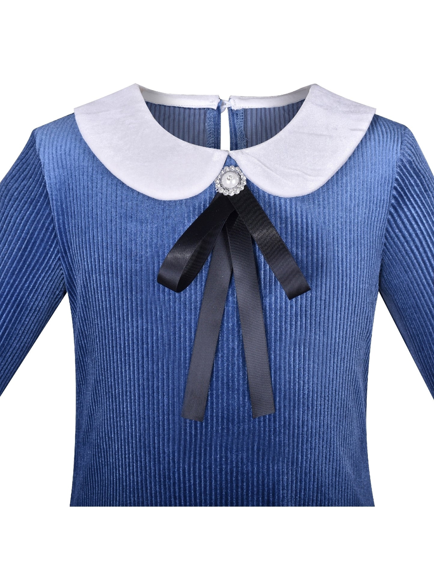 Girls Dress White Collar Velvet Ruffle Sleeve School Uniform Long Sleeve Blue