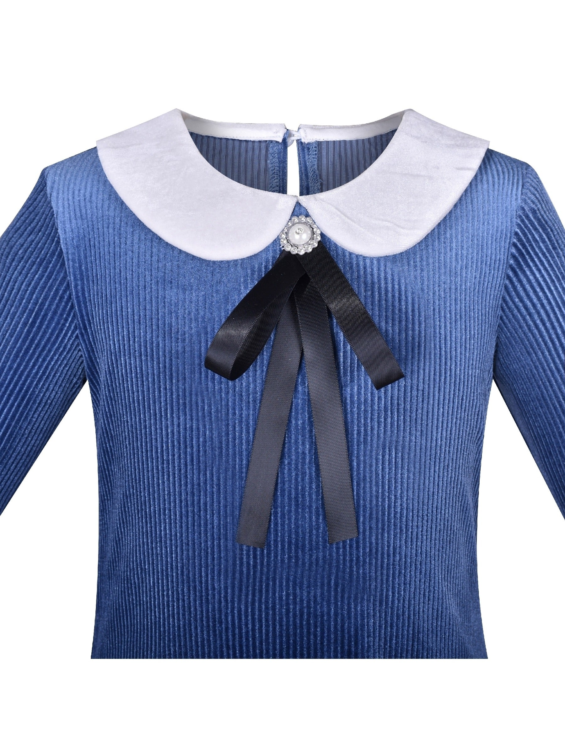 Girls Dress White Collar Velvet Ruffle Sleeve School Uniform Long Sleeve Blue