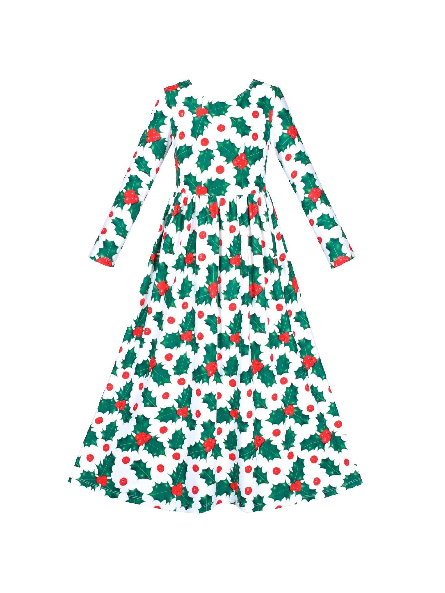 Girls Dress Maxi Christmas Long Sleeve Casual V-neck Bow Tie Green
