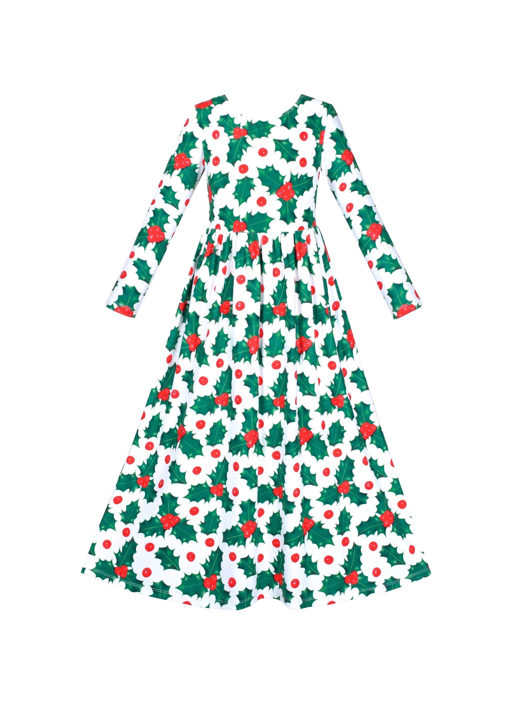 Girls Dress Maxi Christmas Long Sleeve Casual V-neck Bow Tie Green