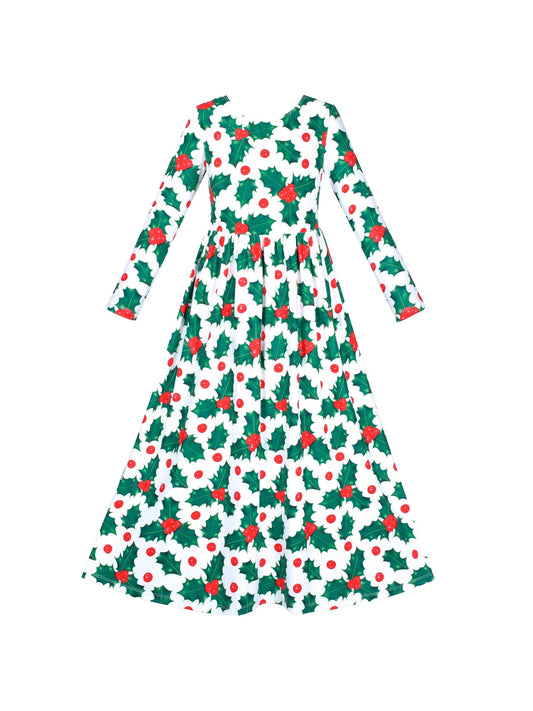 Girls Dress Maxi Christmas Long Sleeve Casual V-neck Bow Tie Green