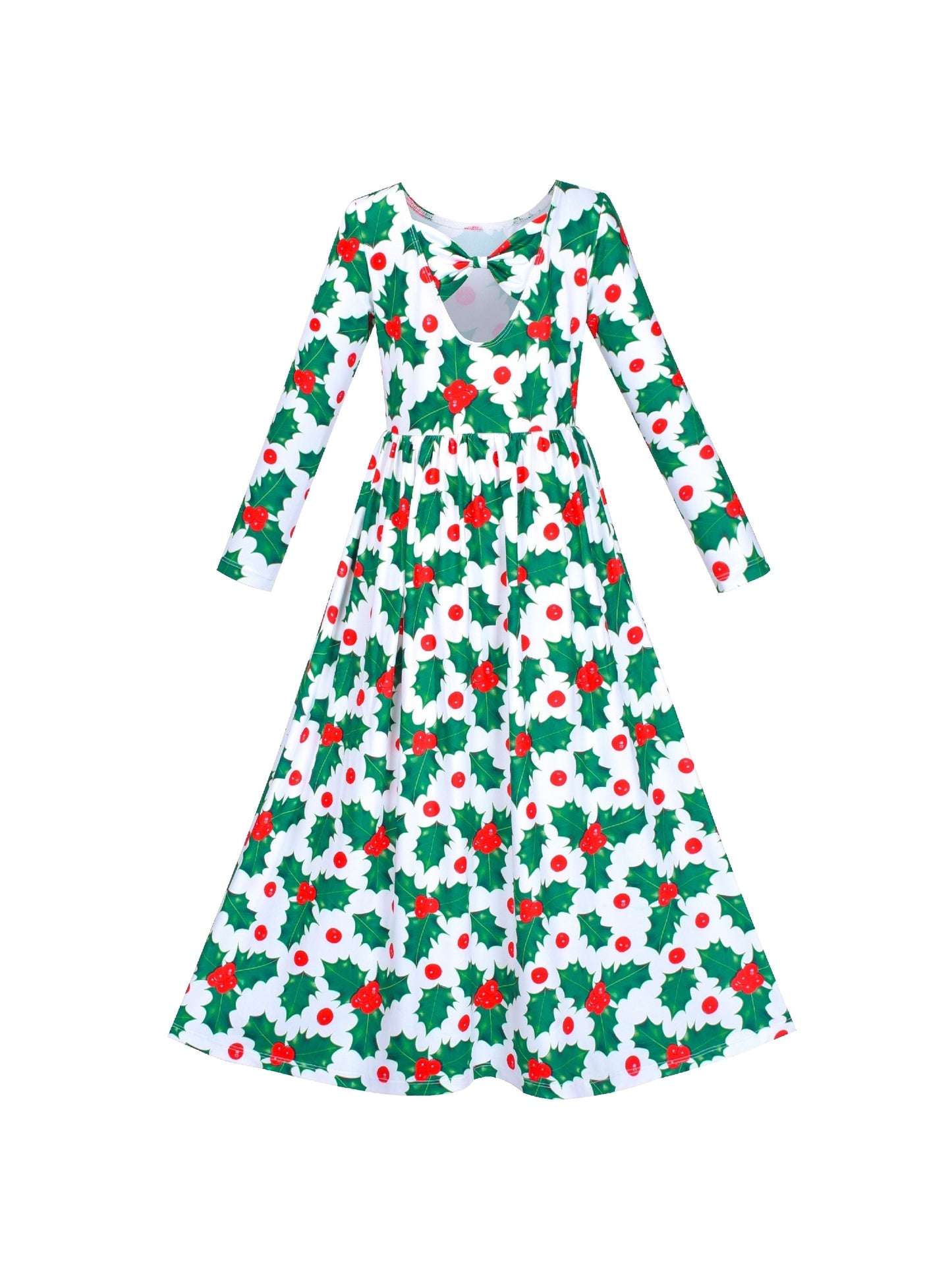 Girls Dress Maxi Christmas Long Sleeve Casual V-neck Bow Tie Green
