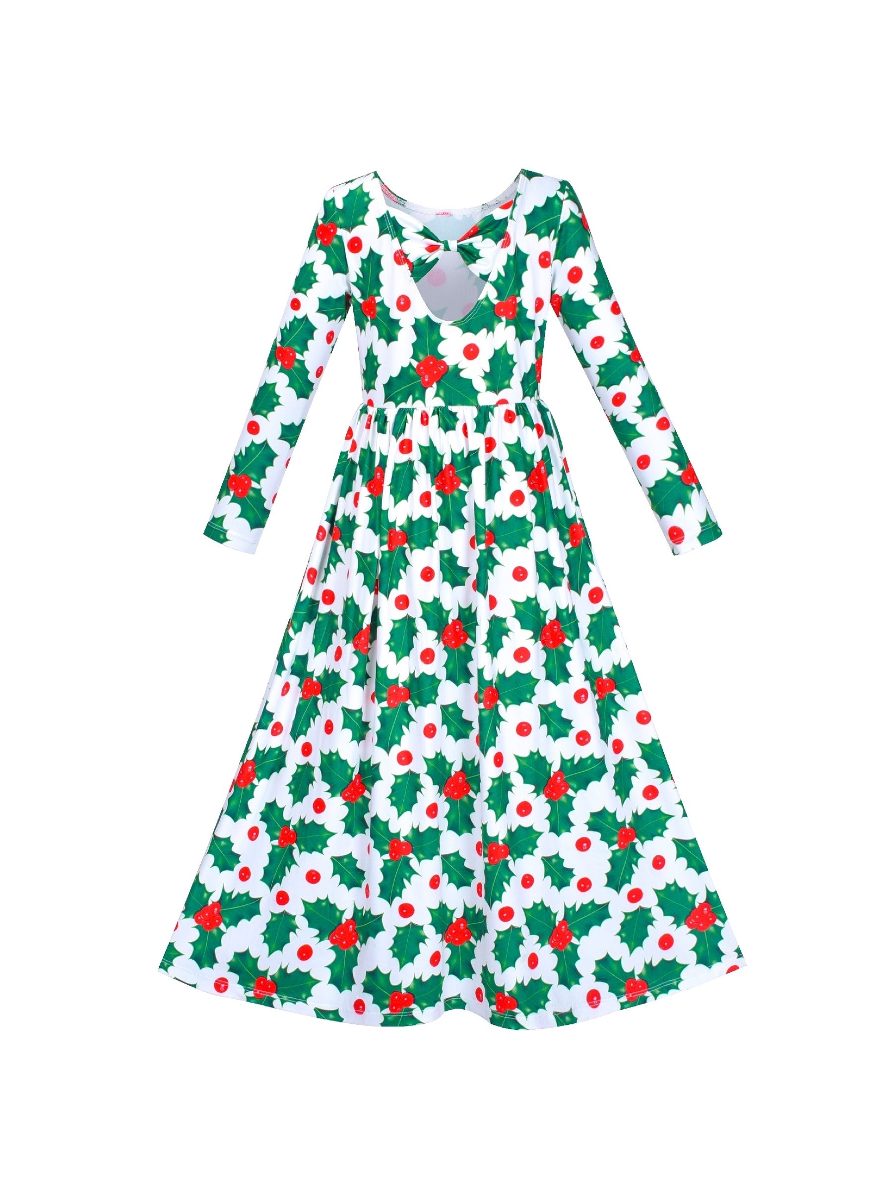 Girls Dress Maxi Christmas Long Sleeve Casual V-neck Bow Tie Green
