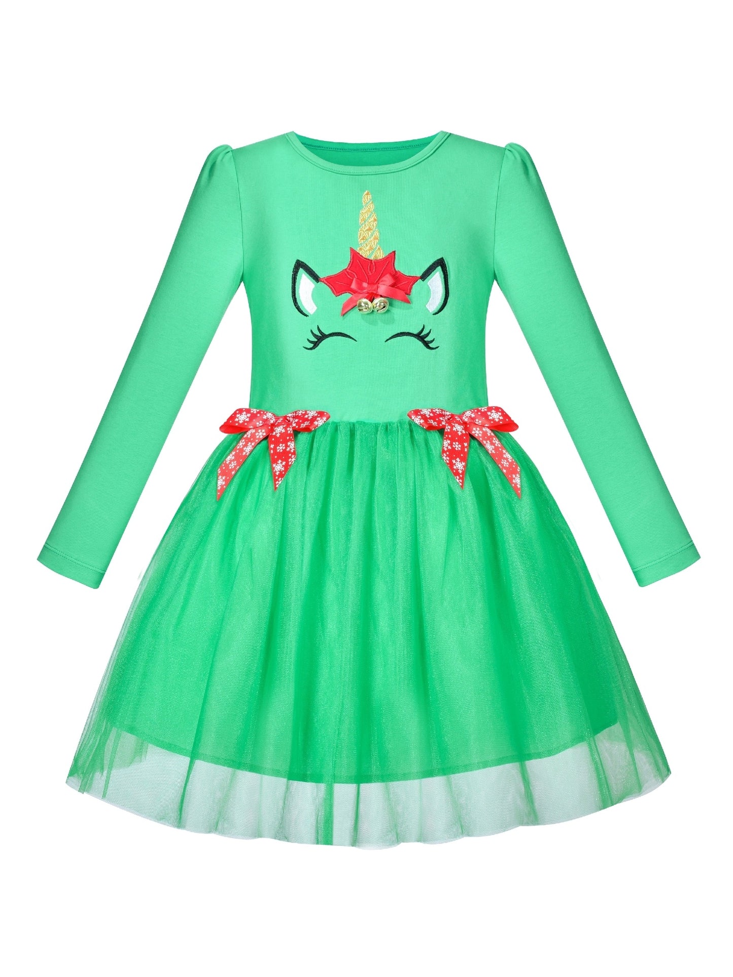 Girls Dress Christmas Reindeer Long Sleeve Party Dress Green