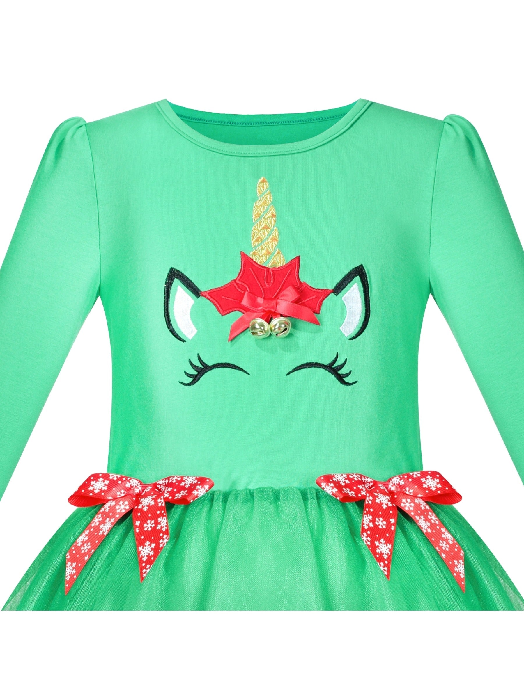 Girls Dress Christmas Reindeer Long Sleeve Party Dress Green