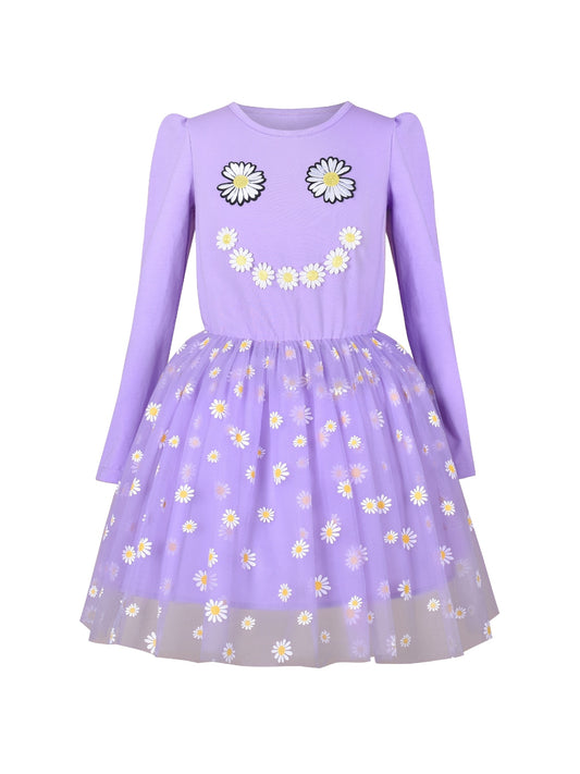 Girls Dress Sequin Stripe Ruffle Fairy Rainbow Colorful Long Sleeve Purple