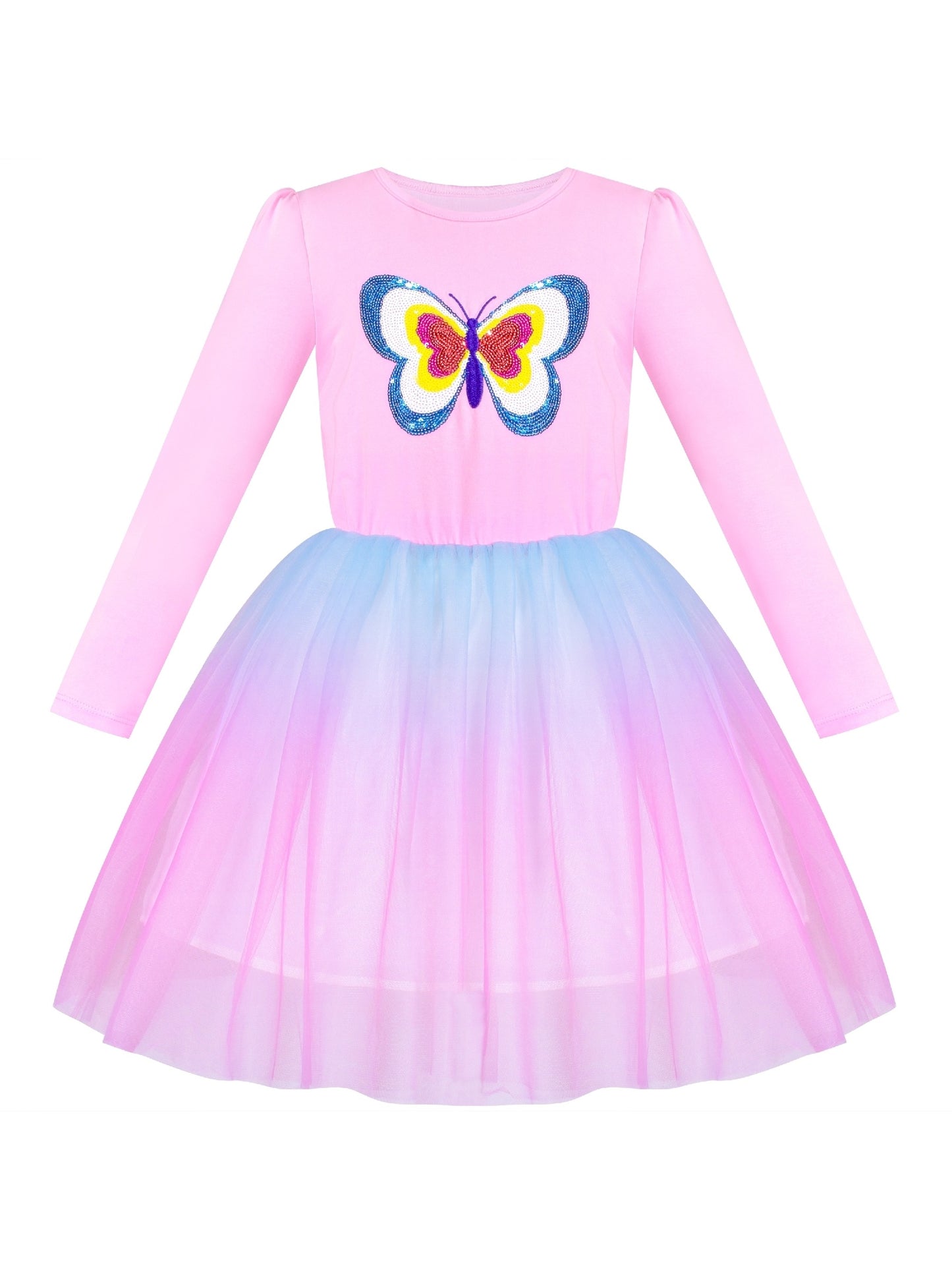 Girls Dress Rainbow Colorful Tulle Skirt Long Sleeve Holiday Party Pink