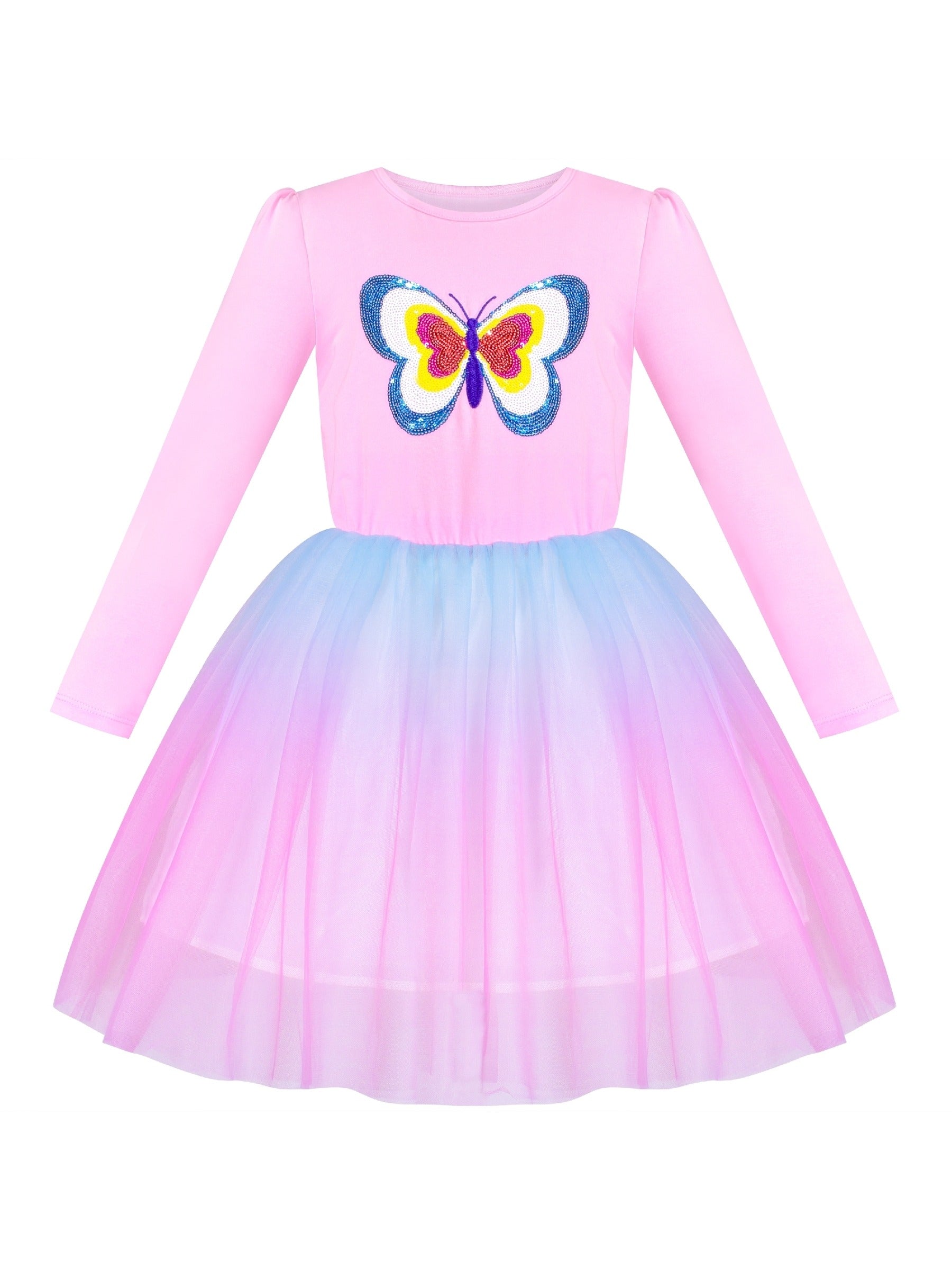 Girls Dress Rainbow Colorful Tulle Skirt Long Sleeve Holiday Party Pink
