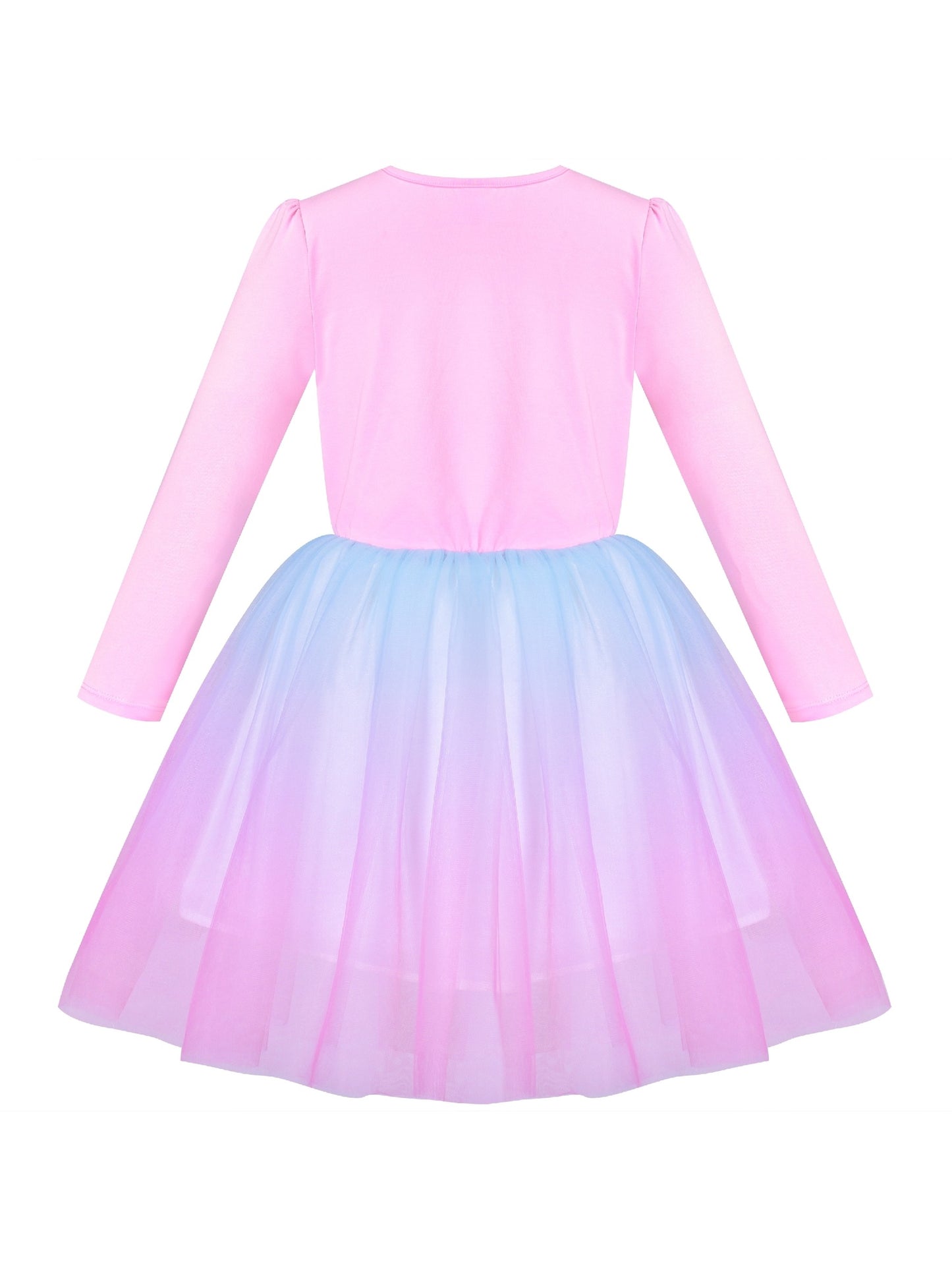 Girls Dress Rainbow Colorful Tulle Skirt Long Sleeve Holiday Party Pink