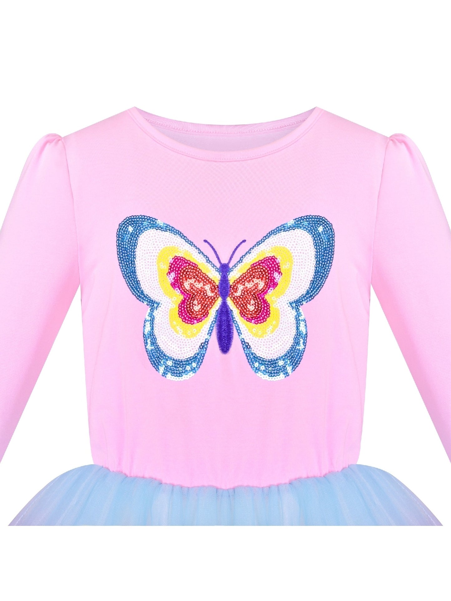 Girls Dress Rainbow Colorful Tulle Skirt Long Sleeve Holiday Party Pink