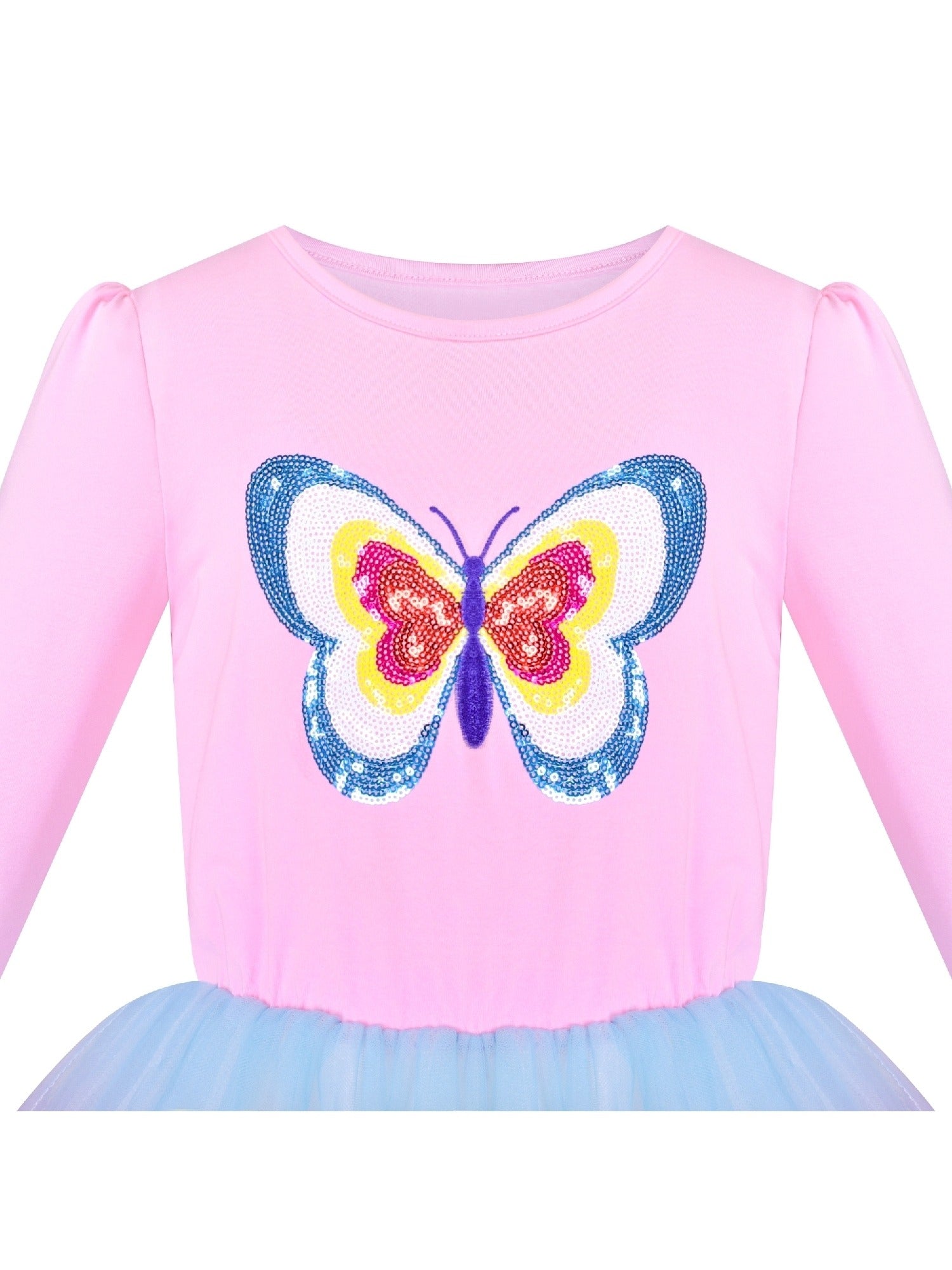 Girls Dress Rainbow Colorful Tulle Skirt Long Sleeve Holiday Party Pink