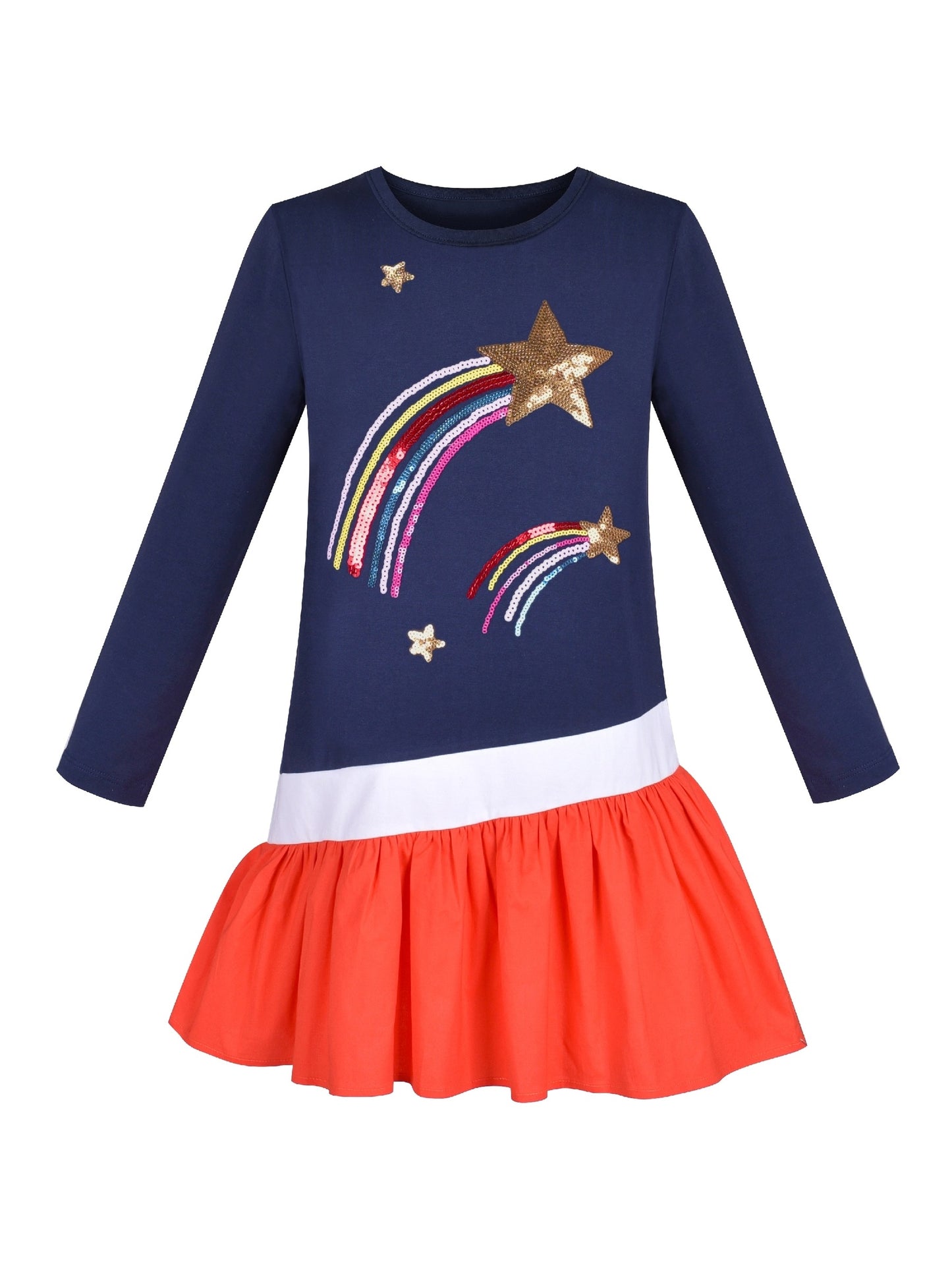 Girls Dress Easter Bunny Rainbow Cotton Embroidery Casual Long Sleeve Blue