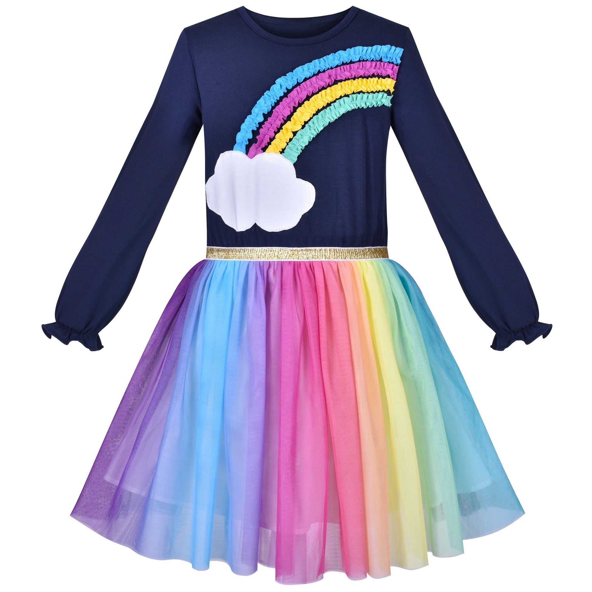 Girls Dress Rainbow Colorful Tulle Skirt Long Sleeve Holiday Party Blue