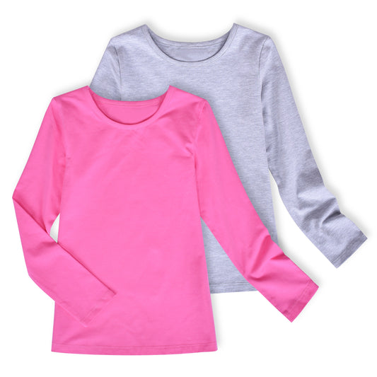 2 Packs Girls Top Tee Shirt Long Sleeve Gray Pink School Uniform Pink