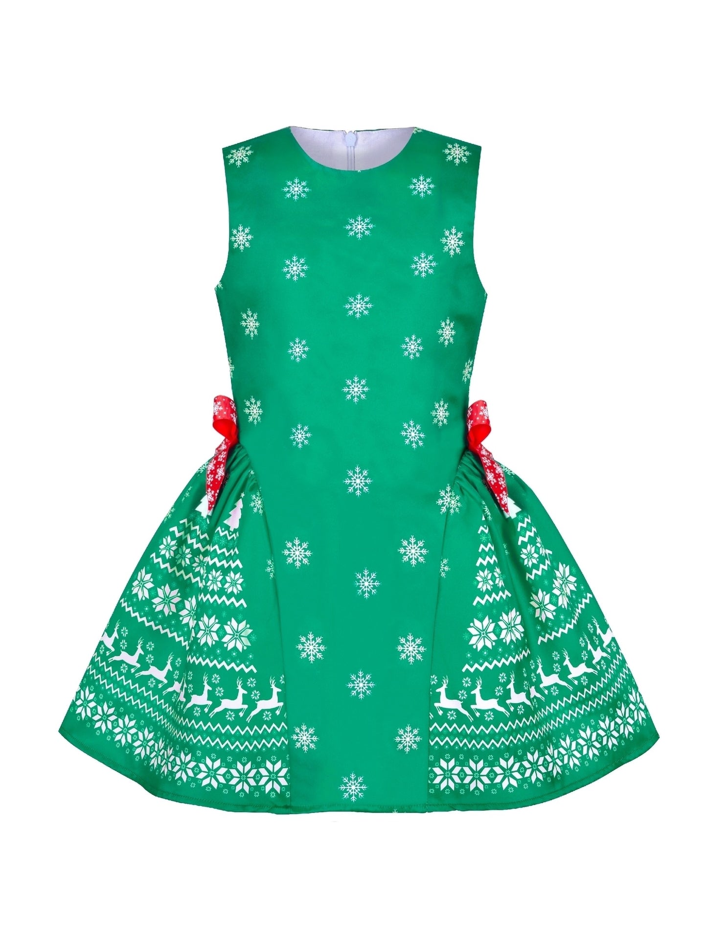 Girls Dress Vintage Red Fit Flare Jacquard Satin Fabric Party Green