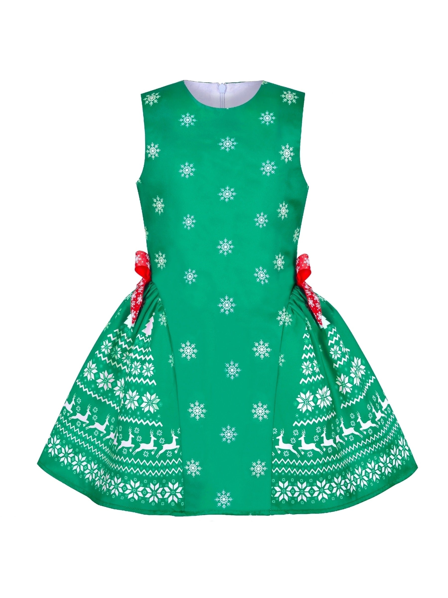 Girls Dress Vintage Red Fit Flare Jacquard Satin Fabric Party Green