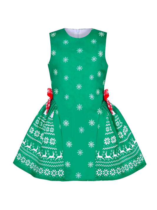 Girls Dress Vintage Red Fit Flare Jacquard Satin Fabric Party Green