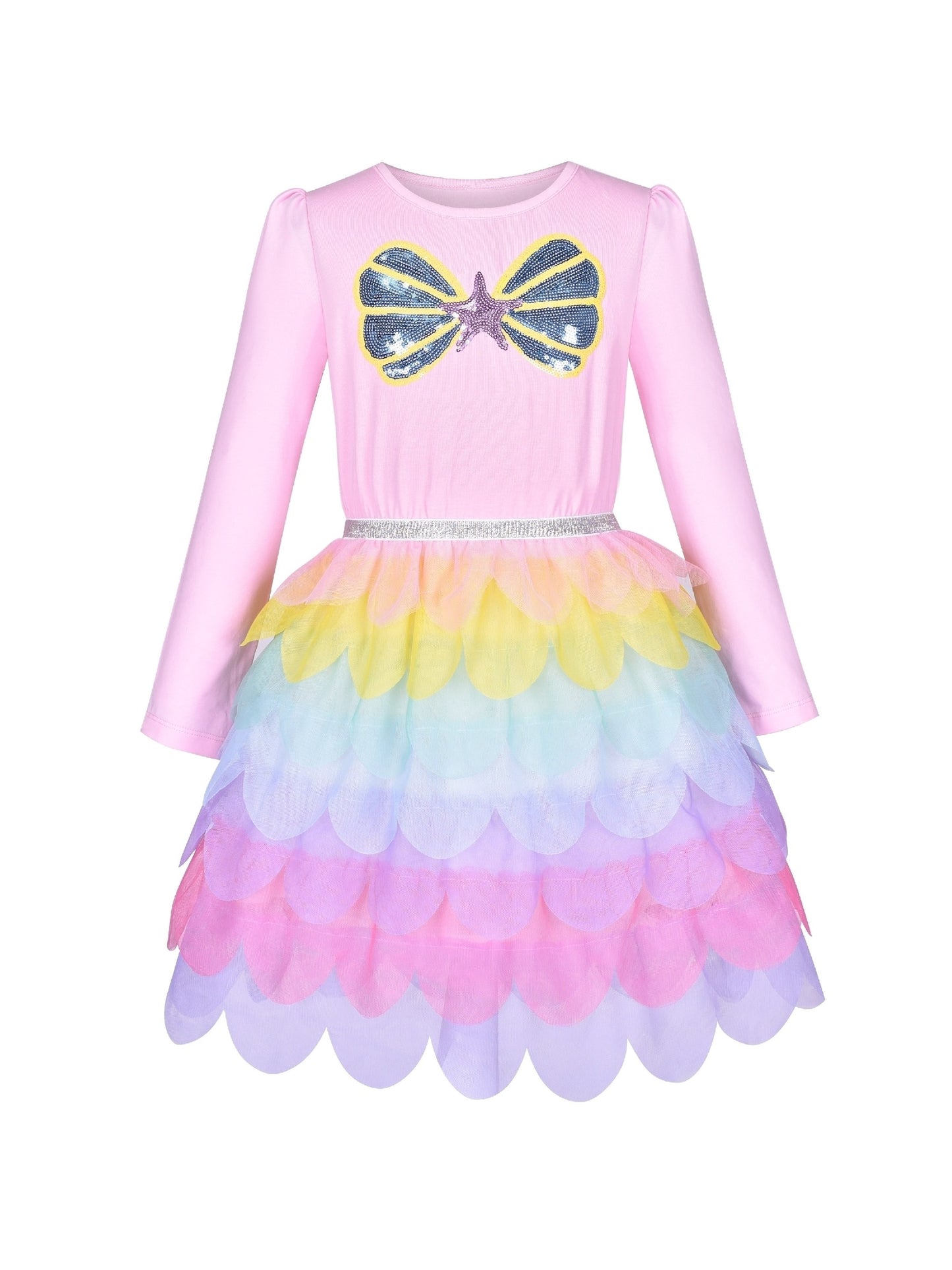 Girls Dress Rainbow Colorful Tulle Skirt Long Sleeve Holiday Party Pink