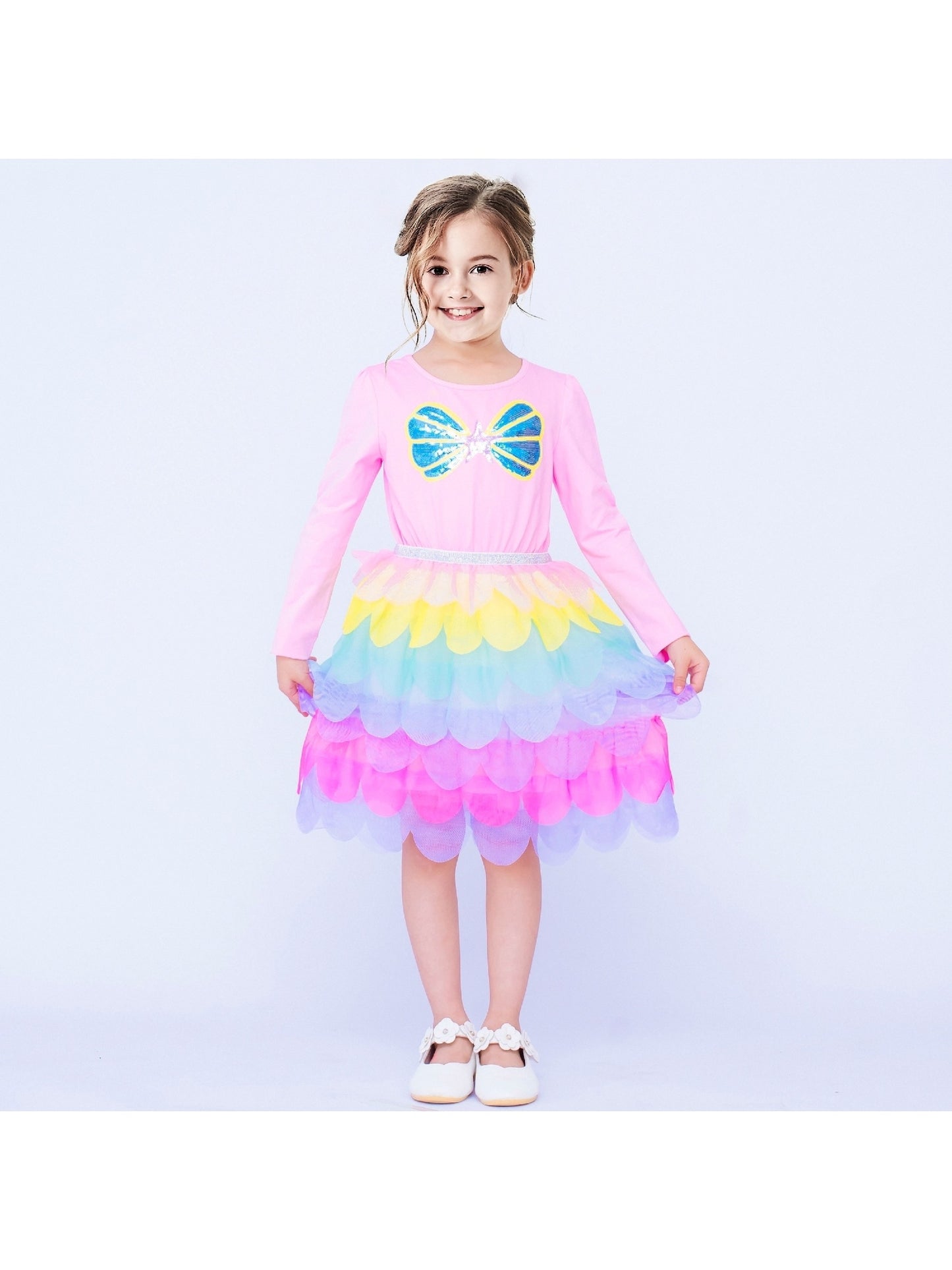 Girls Dress Rainbow Colorful Tulle Skirt Long Sleeve Holiday Party Pink